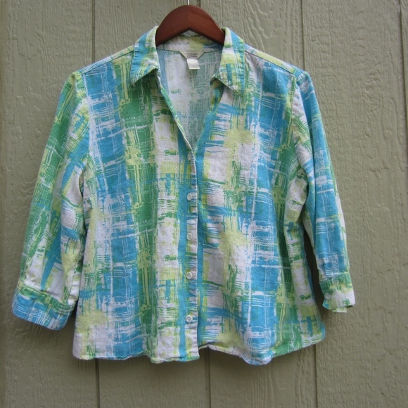 Chritopher & Banks Shirt Women's XL Button Up Linen‎ Green Blue 3/4 sleeve Boho - Picture 1 of 14